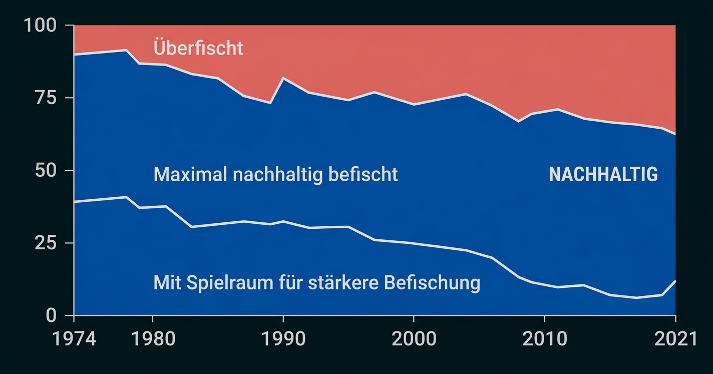 Diagramm zur nachhaltigen Befischung von 1974 bis 2021 mit Bereichen für Überfischung und Spielraum für stärkere Befischung.